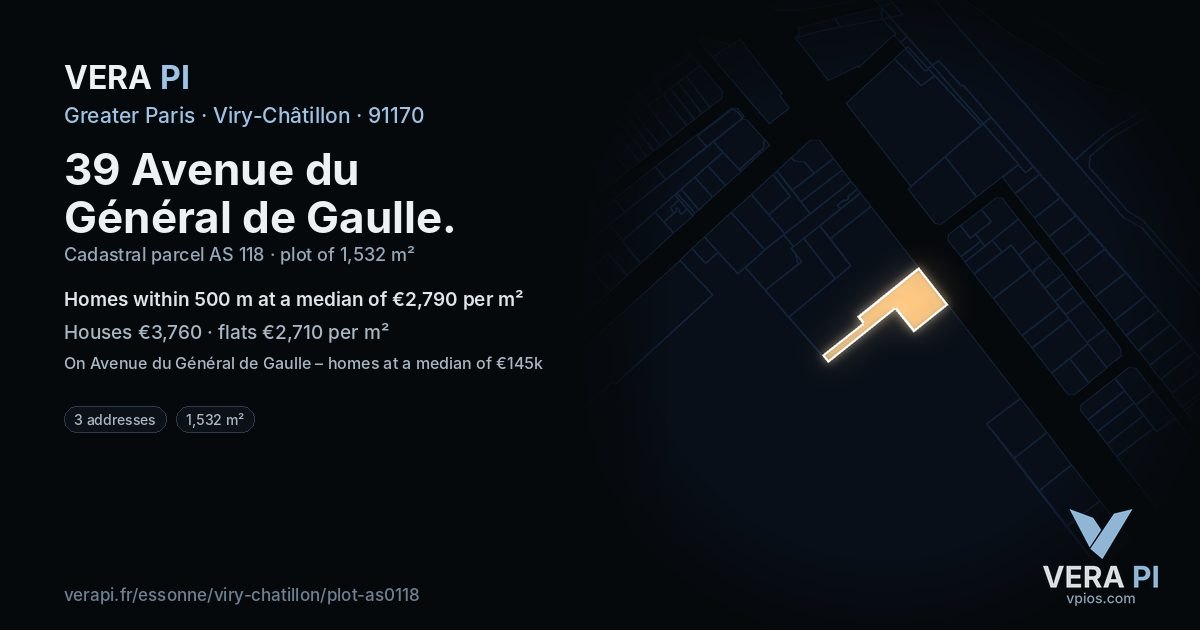 39 Avenue du Général de Gaulle, Viry-Châtillon at night – the plot lit, the parcels around coloured by the prices near them