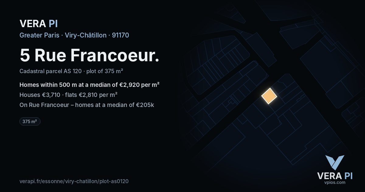 5 Rue Francoeur, Viry-Châtillon at night – the plot lit, the parcels around coloured by the prices near them