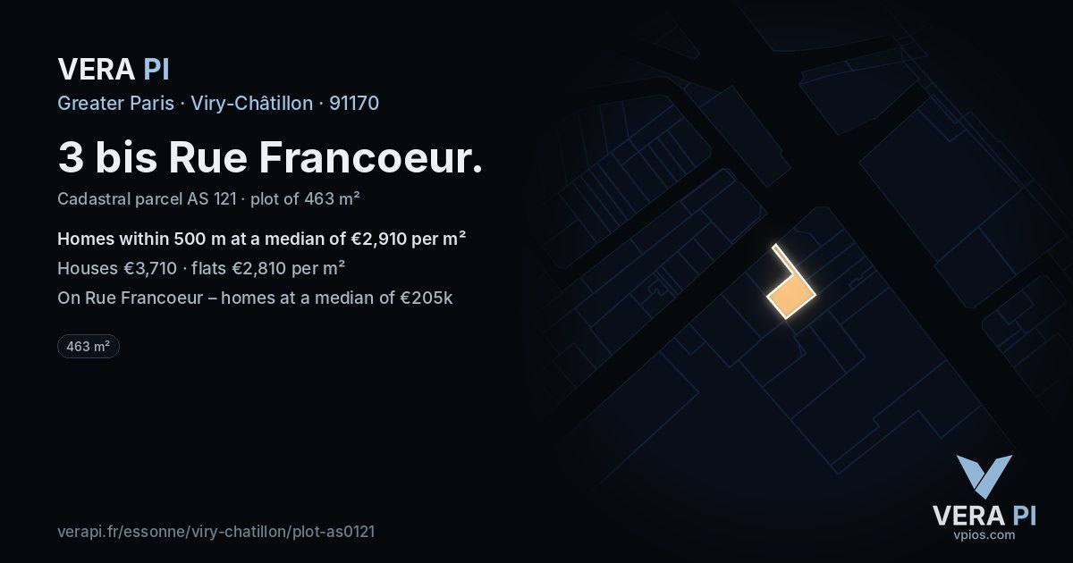 3 bis Rue Francoeur, Viry-Châtillon at night – the plot lit, the parcels around coloured by the prices near them