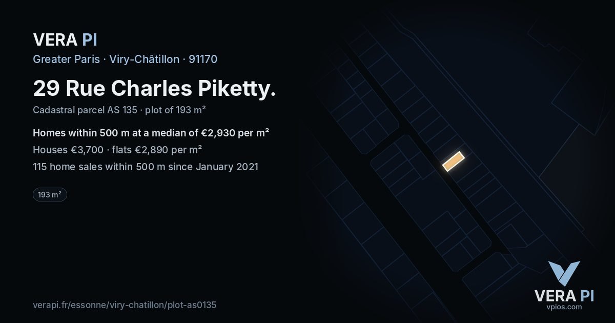 29 Rue Charles Piketty, Viry-Châtillon at night – the plot lit, the parcels around coloured by the prices near them