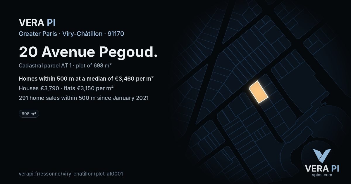 20 Avenue Pegoud, Viry-Châtillon at night – the plot lit, the parcels around coloured by the prices near them