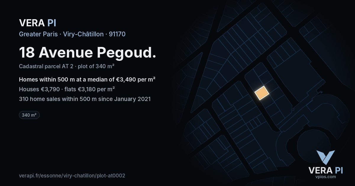 18 Avenue Pegoud, Viry-Châtillon at night – the plot lit, the parcels around coloured by the prices near them
