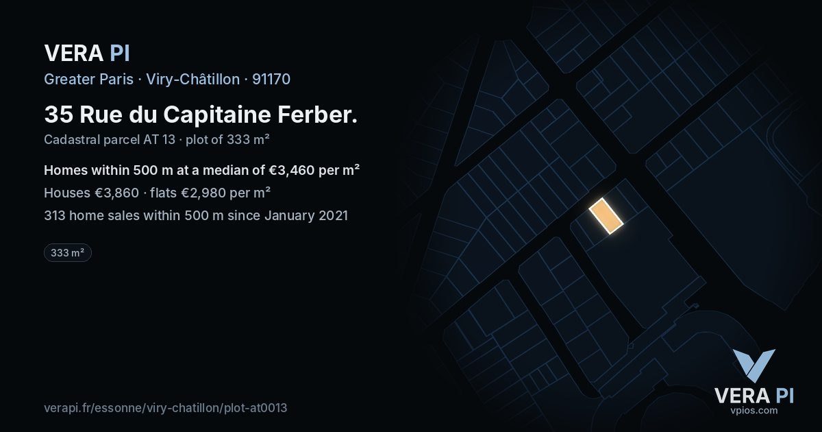 35 Rue du Capitaine Ferber, Viry-Châtillon at night – the plot lit, the parcels around coloured by the prices near them