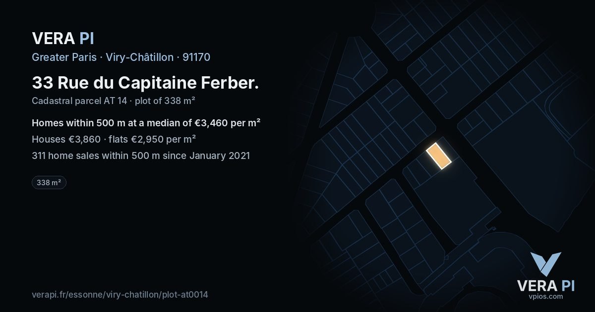 33 Rue du Capitaine Ferber, Viry-Châtillon at night – the plot lit, the parcels around coloured by the prices near them