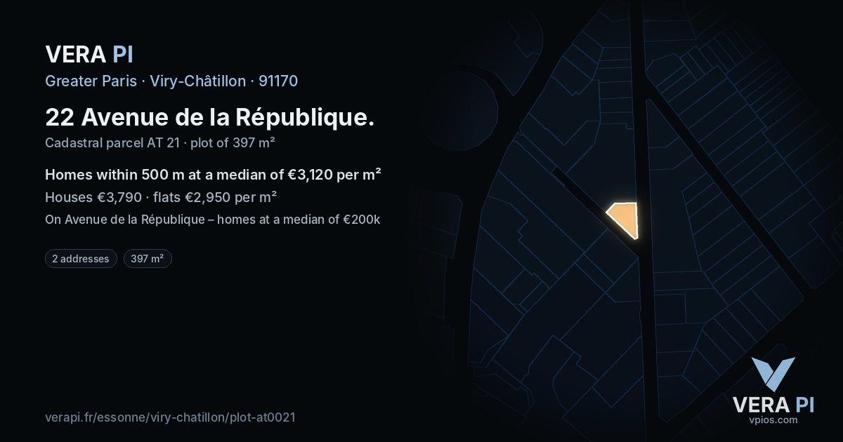 22 Avenue de la République, Viry-Châtillon at night – the plot lit, the parcels around coloured by the prices near them
