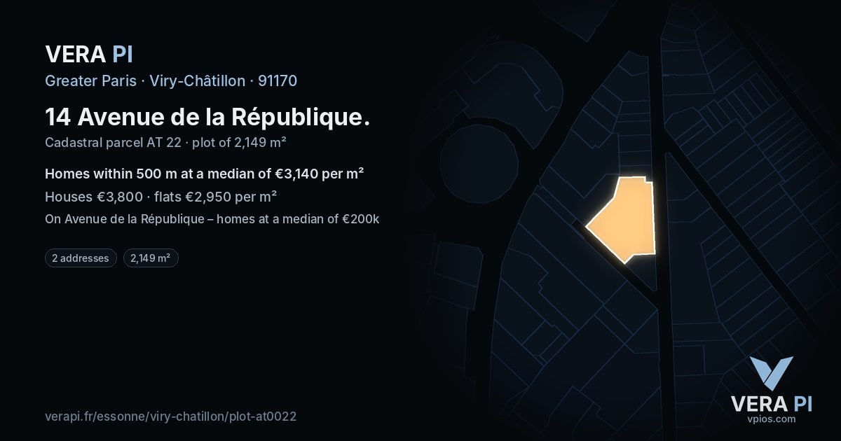 14 Avenue de la République, Viry-Châtillon at night – the plot lit, the parcels around coloured by the prices near them