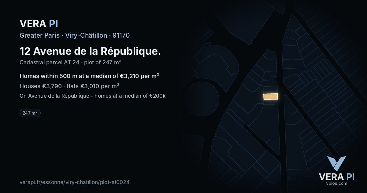 12 Avenue de la République, Viry-Châtillon at night – the plot lit, the parcels around coloured by the prices near them