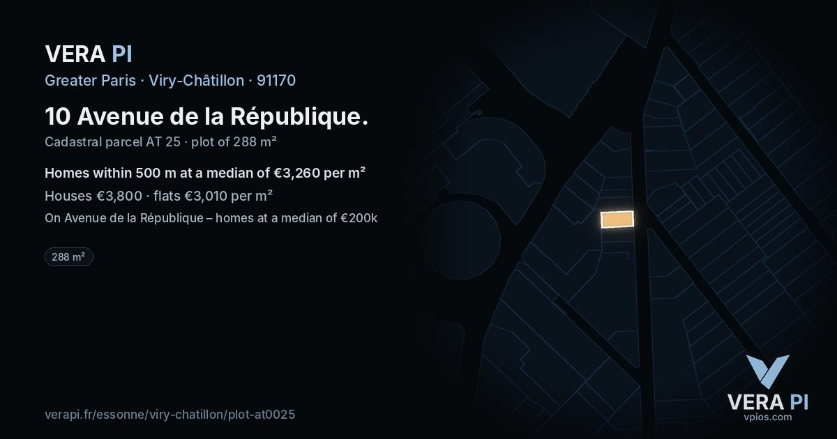 10 Avenue de la République, Viry-Châtillon at night – the plot lit, the parcels around coloured by the prices near them