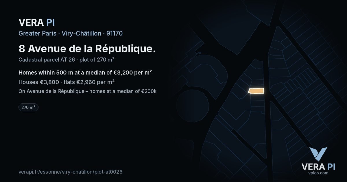 8 Avenue de la République, Viry-Châtillon at night – the plot lit, the parcels around coloured by the prices near them