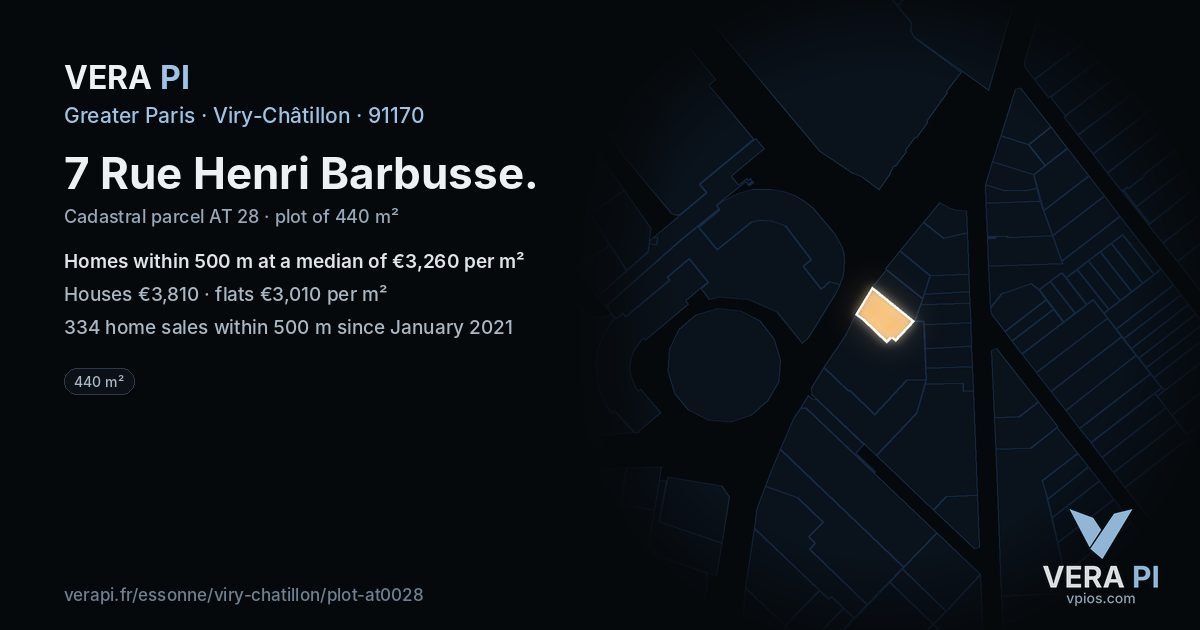 7 Rue Henri Barbusse, Viry-Châtillon at night – the plot lit, the parcels around coloured by the prices near them