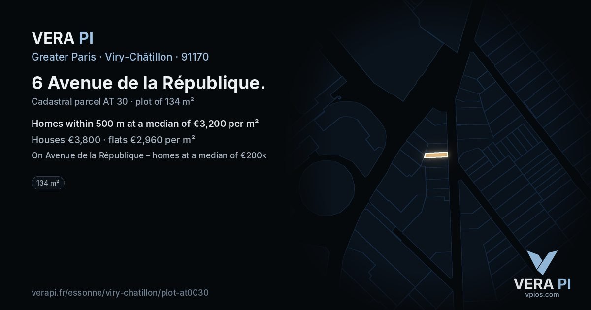 6 Avenue de la République, Viry-Châtillon at night – the plot lit, the parcels around coloured by the prices near them