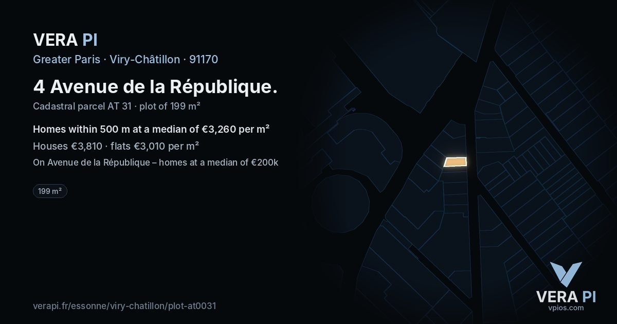 4 Avenue de la République, Viry-Châtillon at night – the plot lit, the parcels around coloured by the prices near them