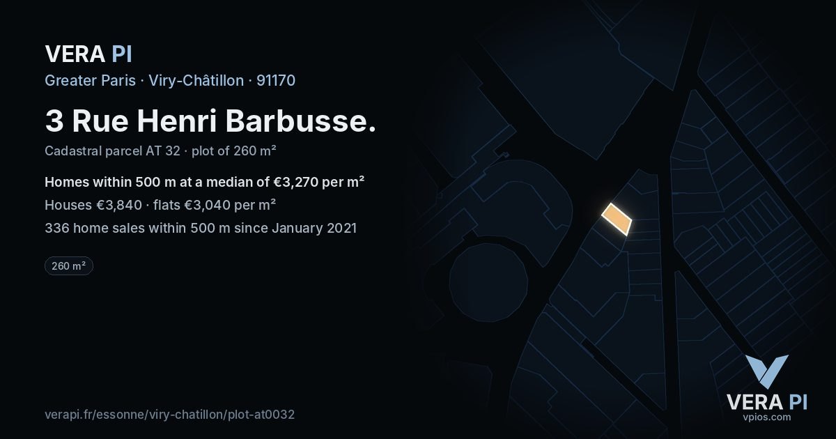 3 Rue Henri Barbusse, Viry-Châtillon at night – the plot lit, the parcels around coloured by the prices near them