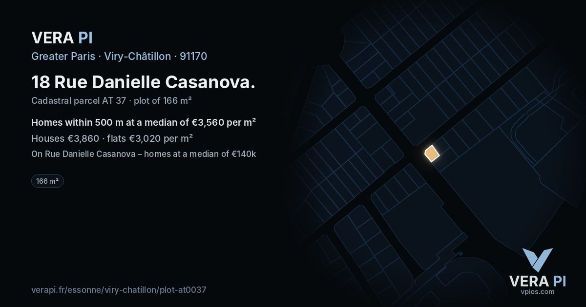 18 Rue Danielle Casanova, Viry-Châtillon at night – the plot lit, the parcels around coloured by the prices near them