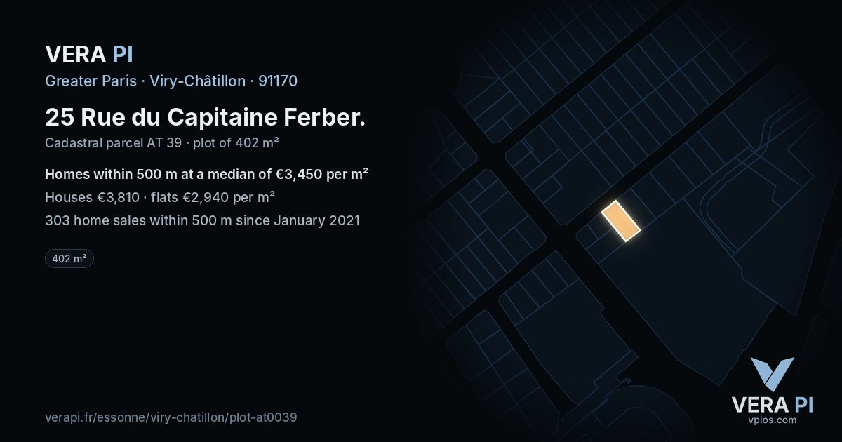 25 Rue du Capitaine Ferber, Viry-Châtillon at night – the plot lit, the parcels around coloured by the prices near them