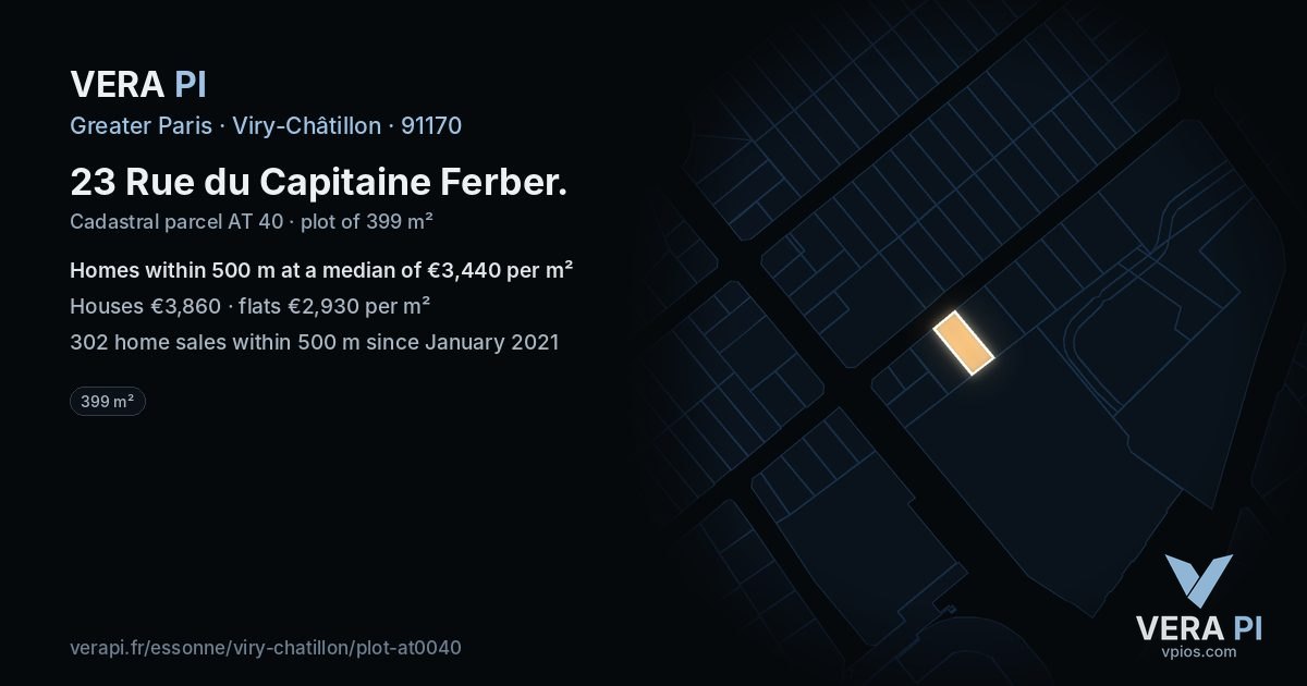 23 Rue du Capitaine Ferber, Viry-Châtillon at night – the plot lit, the parcels around coloured by the prices near them