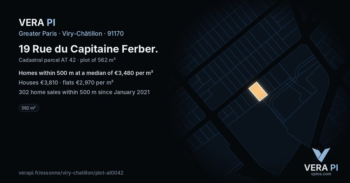 19 Rue du Capitaine Ferber, Viry-Châtillon at night – the plot lit, the parcels around coloured by the prices near them