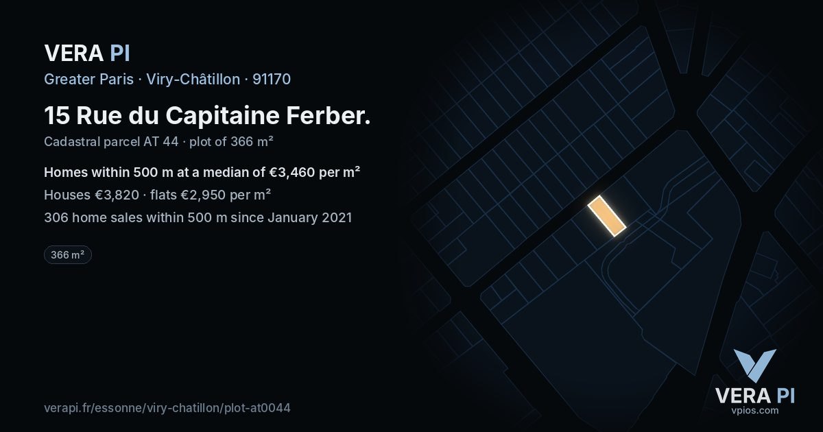 15 Rue du Capitaine Ferber, Viry-Châtillon at night – the plot lit, the parcels around coloured by the prices near them