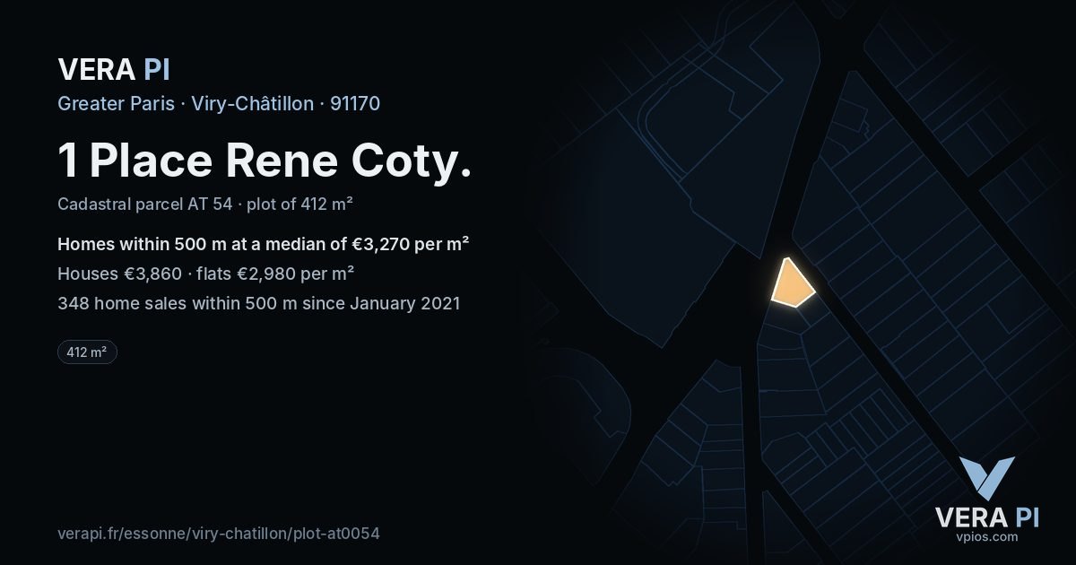 1 Place Rene Coty, Viry-Châtillon at night – the plot lit, the parcels around coloured by the prices near them