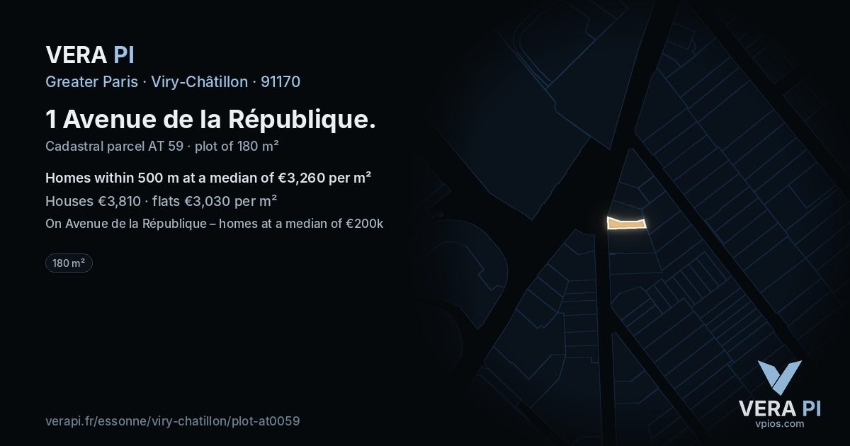 1 Avenue de la République, Viry-Châtillon at night – the plot lit, the parcels around coloured by the prices near them