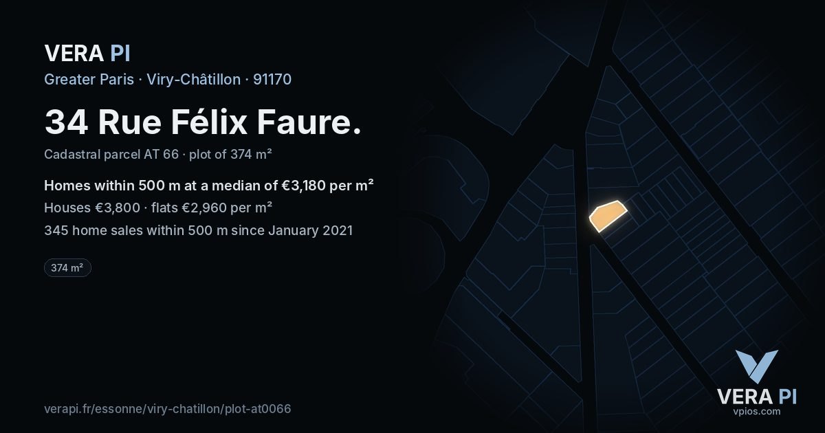 34 Rue Félix Faure, Viry-Châtillon at night – the plot lit, the parcels around coloured by the prices near them