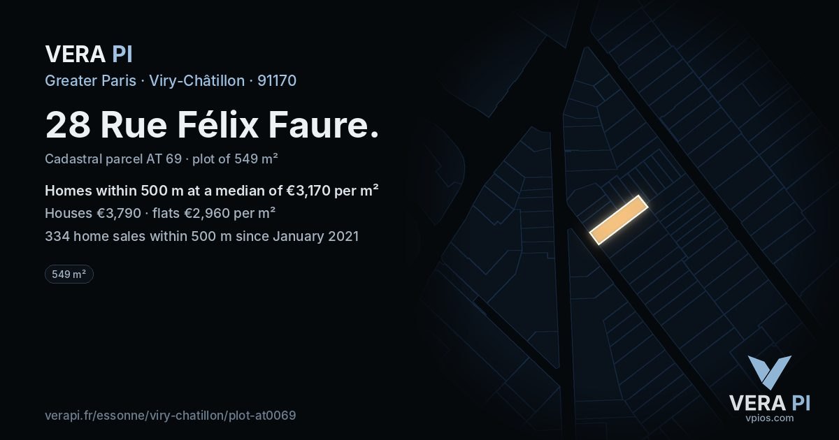 28 Rue Félix Faure, Viry-Châtillon at night – the plot lit, the parcels around coloured by the prices near them