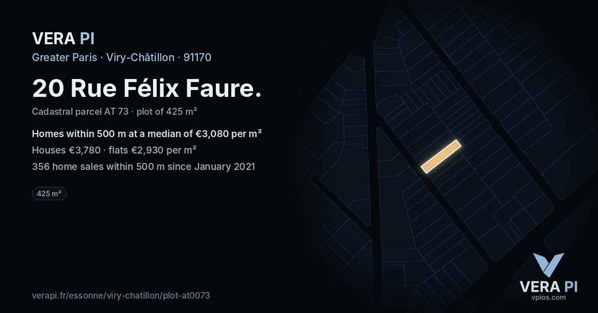 20 Rue Félix Faure, Viry-Châtillon at night – the plot lit, the parcels around coloured by the prices near them