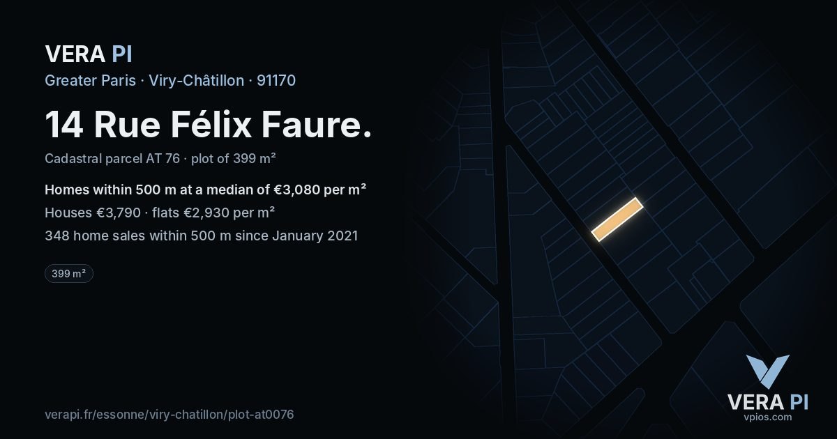 14 Rue Félix Faure, Viry-Châtillon at night – the plot lit, the parcels around coloured by the prices near them