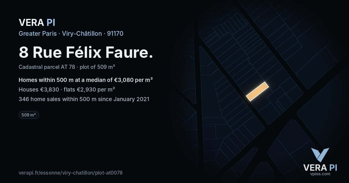 8 Rue Félix Faure, Viry-Châtillon at night – the plot lit, the parcels around coloured by the prices near them