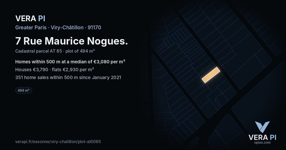 7 Rue Maurice Nogues, Viry-Châtillon at night – the plot lit, the parcels around coloured by the prices near them