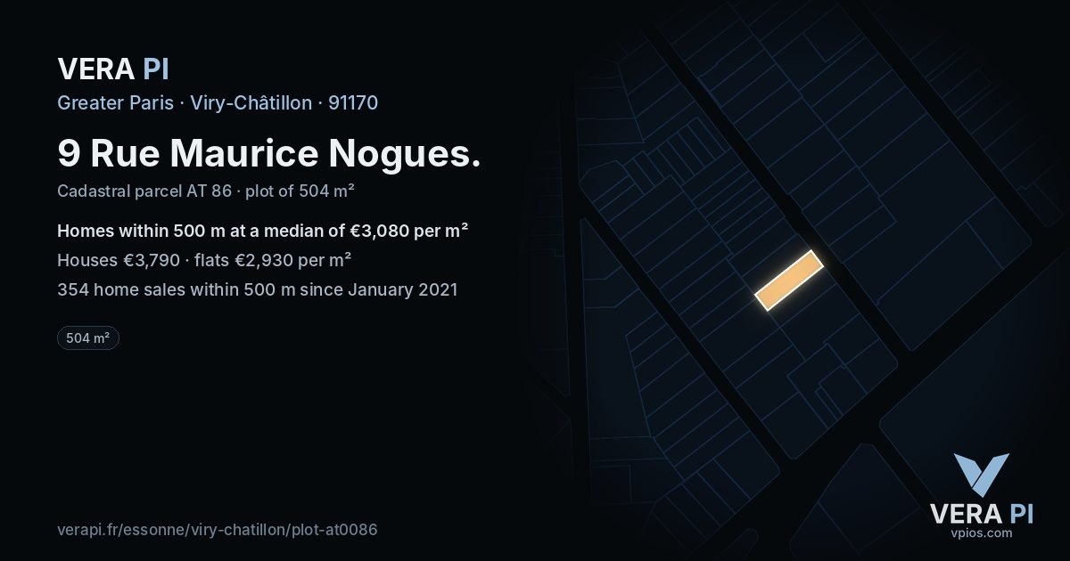 9 Rue Maurice Nogues, Viry-Châtillon at night – the plot lit, the parcels around coloured by the prices near them