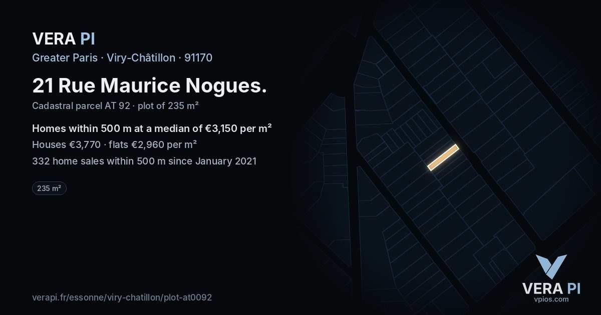 21 Rue Maurice Nogues, Viry-Châtillon at night – the plot lit, the parcels around coloured by the prices near them