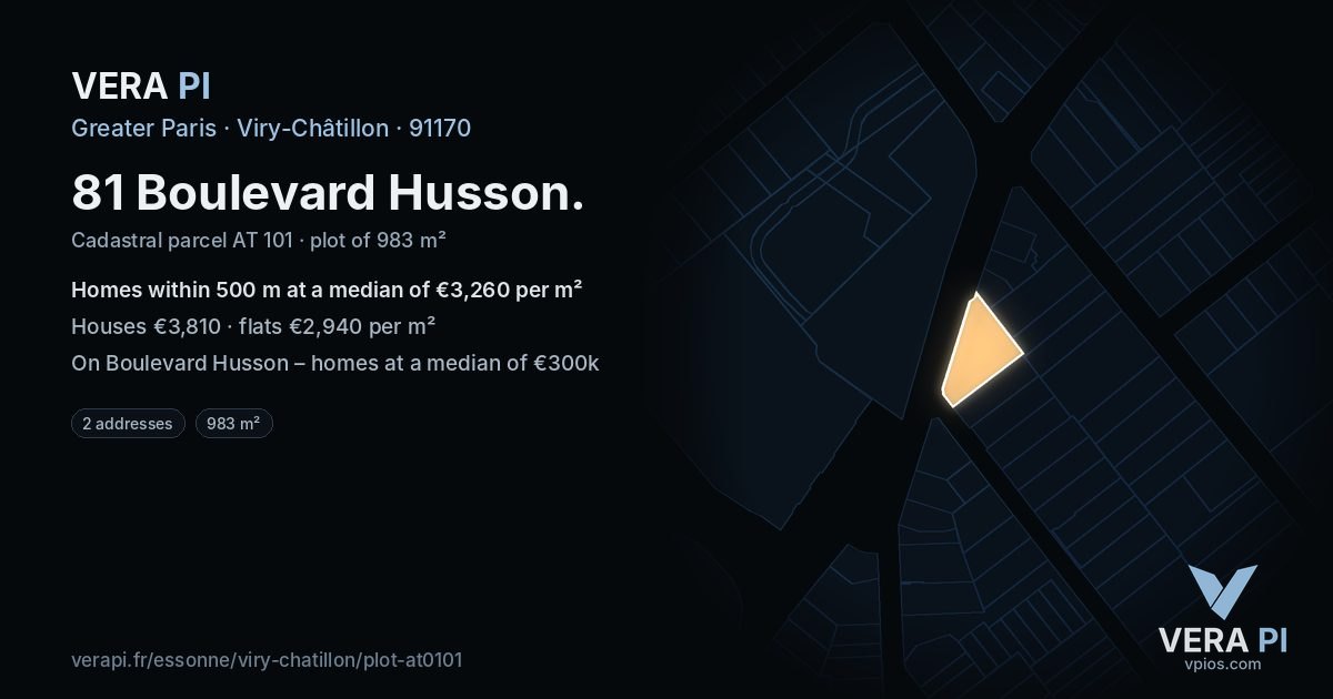 81 Boulevard Husson, Viry-Châtillon at night – the plot lit, the parcels around coloured by the prices near them