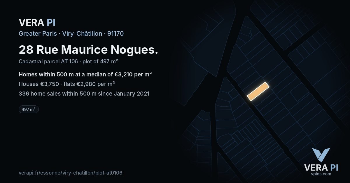 28 Rue Maurice Nogues, Viry-Châtillon at night – the plot lit, the parcels around coloured by the prices near them