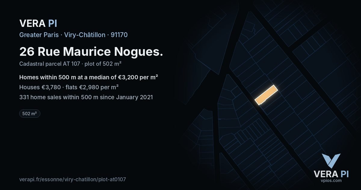 26 Rue Maurice Nogues, Viry-Châtillon at night – the plot lit, the parcels around coloured by the prices near them