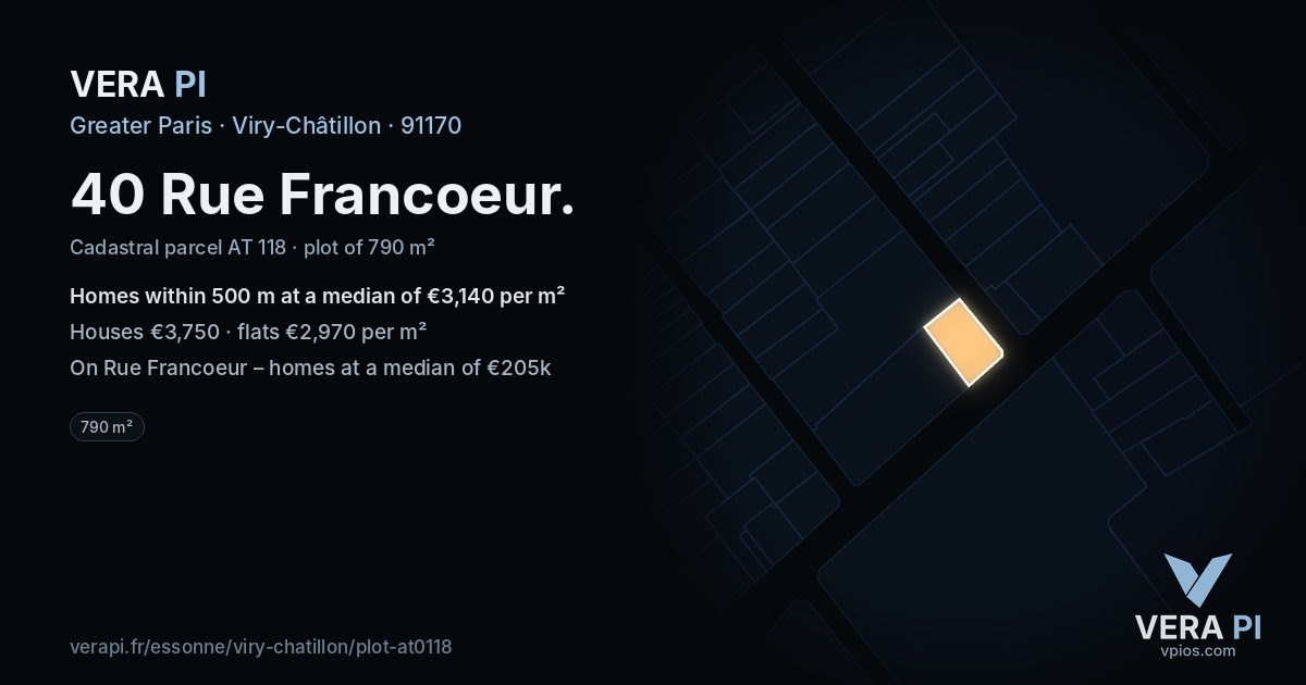 40 Rue Francoeur, Viry-Châtillon at night – the plot lit, the parcels around coloured by the prices near them