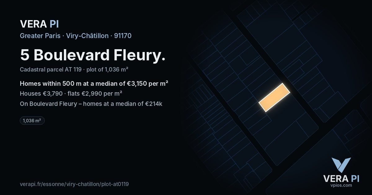 5 Boulevard Fleury, Viry-Châtillon at night – the plot lit, the parcels around coloured by the prices near them