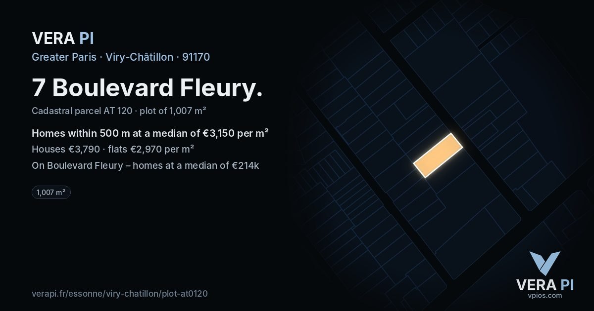 7 Boulevard Fleury, Viry-Châtillon at night – the plot lit, the parcels around coloured by the prices near them