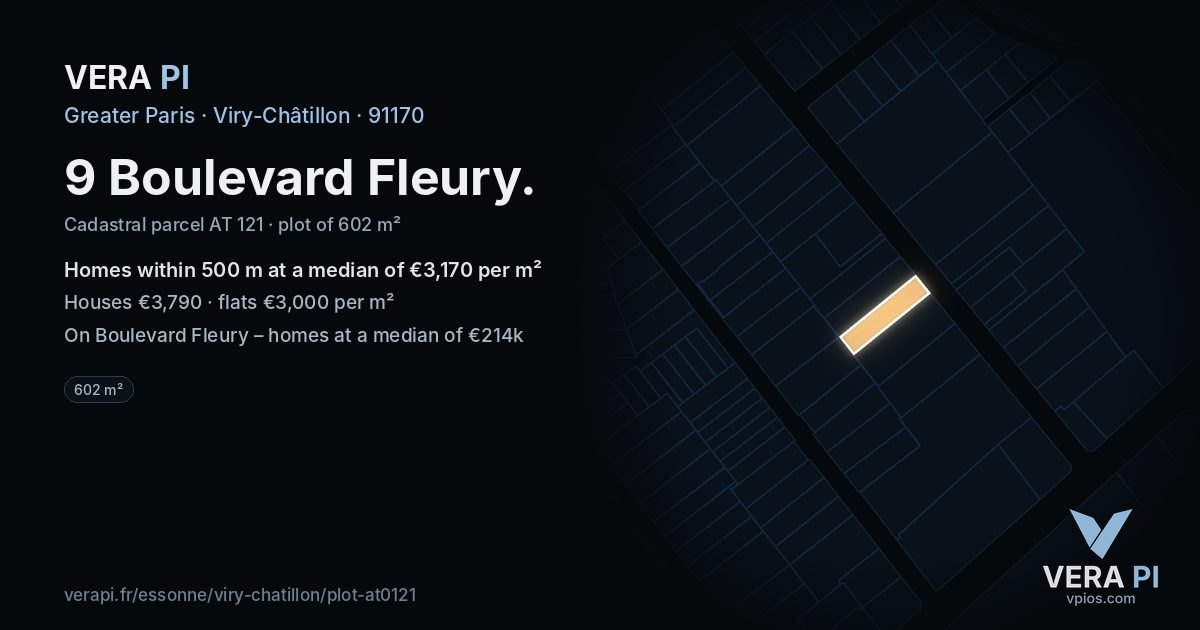 9 Boulevard Fleury, Viry-Châtillon at night – the plot lit, the parcels around coloured by the prices near them
