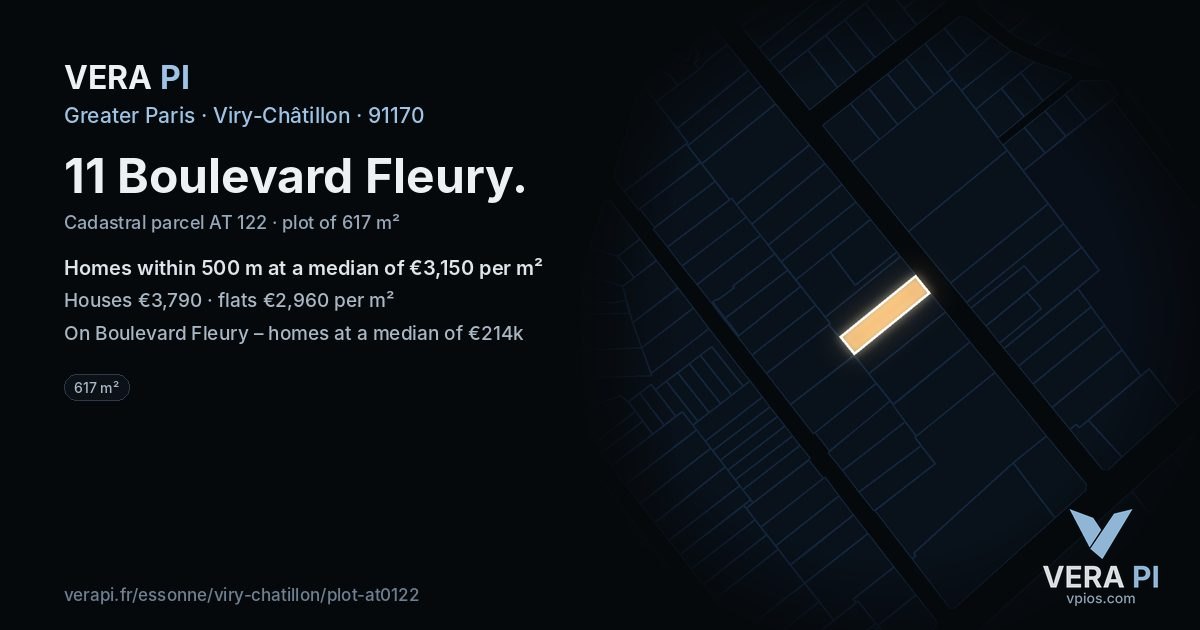 11 Boulevard Fleury, Viry-Châtillon at night – the plot lit, the parcels around coloured by the prices near them