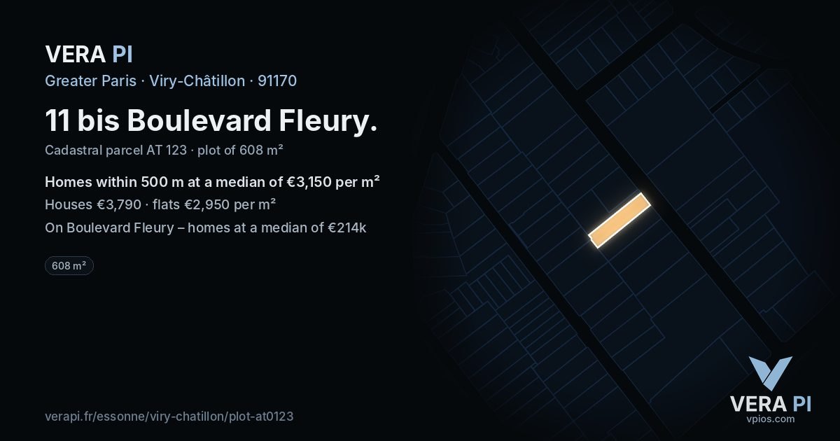 11 bis Boulevard Fleury, Viry-Châtillon at night – the plot lit, the parcels around coloured by the prices near them
