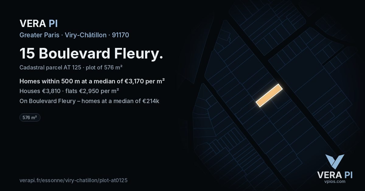 15 Boulevard Fleury, Viry-Châtillon at night – the plot lit, the parcels around coloured by the prices near them