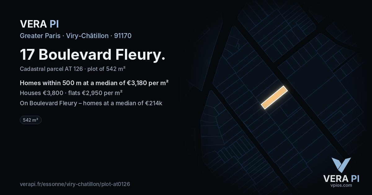 17 Boulevard Fleury, Viry-Châtillon at night – the plot lit, the parcels around coloured by the prices near them
