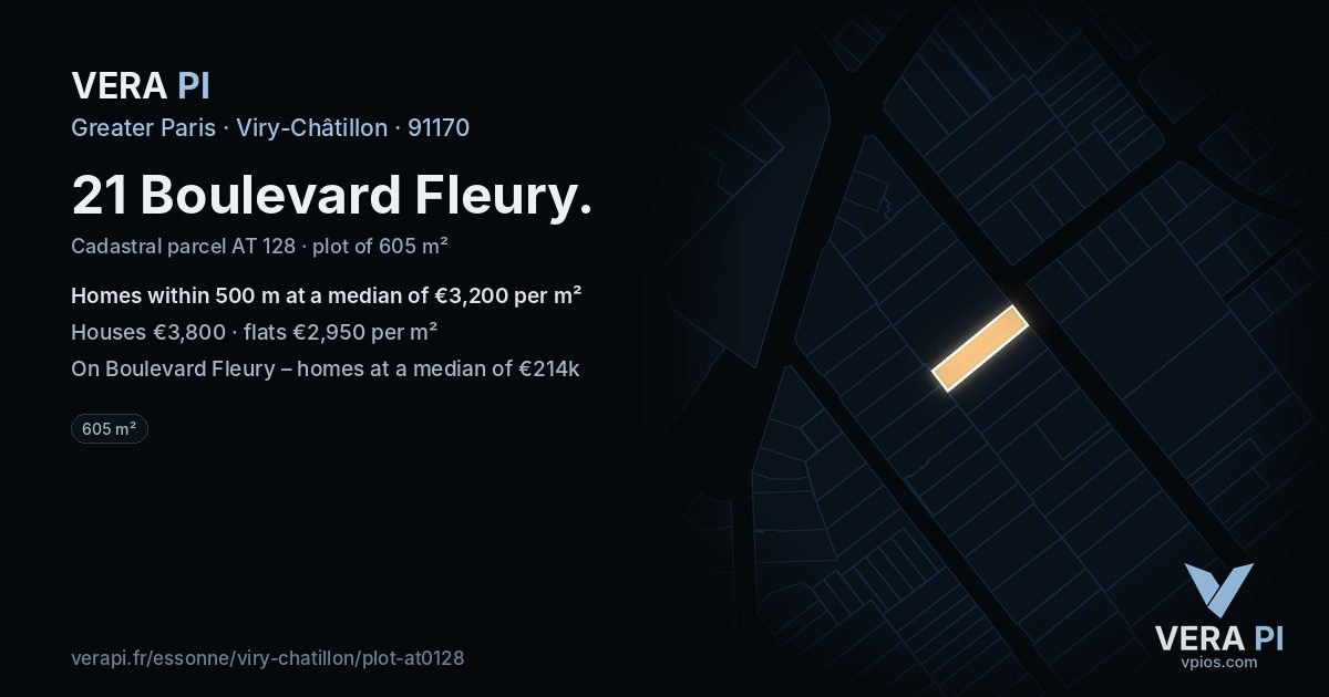 21 Boulevard Fleury, Viry-Châtillon at night – the plot lit, the parcels around coloured by the prices near them