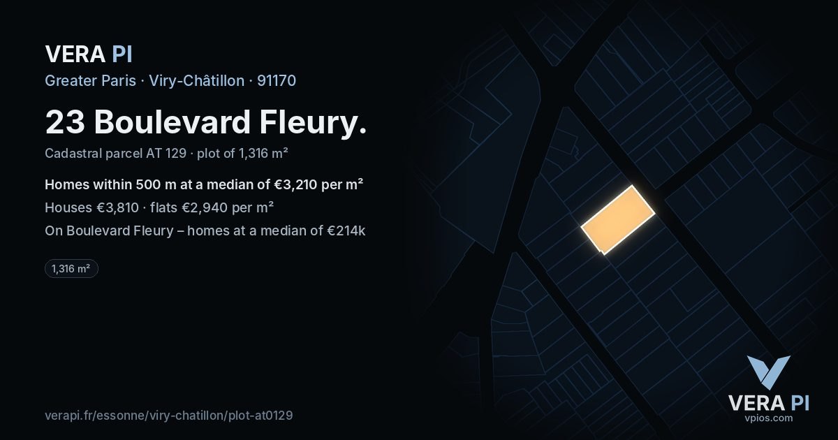 23 Boulevard Fleury, Viry-Châtillon at night – the plot lit, the parcels around coloured by the prices near them