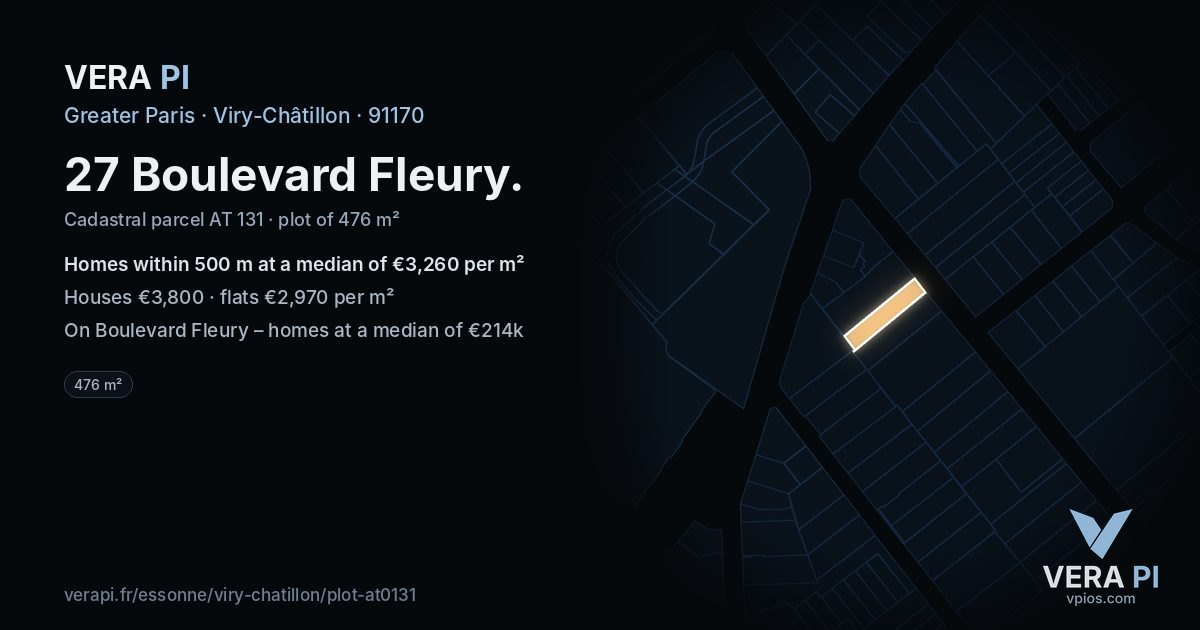 27 Boulevard Fleury, Viry-Châtillon at night – the plot lit, the parcels around coloured by the prices near them