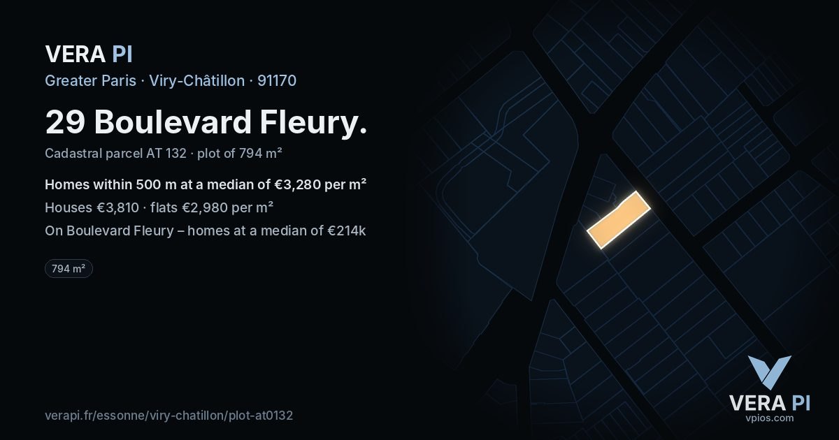 29 Boulevard Fleury, Viry-Châtillon at night – the plot lit, the parcels around coloured by the prices near them