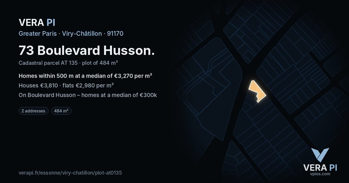 73 Boulevard Husson, Viry-Châtillon at night – the plot lit, the parcels around coloured by the prices near them