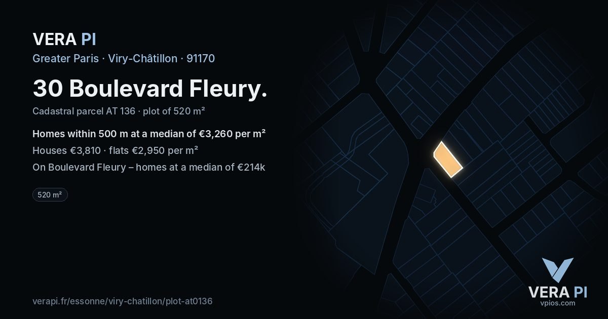 30 Boulevard Fleury, Viry-Châtillon at night – the plot lit, the parcels around coloured by the prices near them
