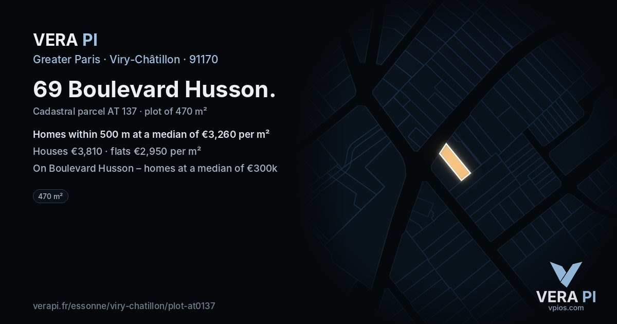 69 Boulevard Husson, Viry-Châtillon at night – the plot lit, the parcels around coloured by the prices near them